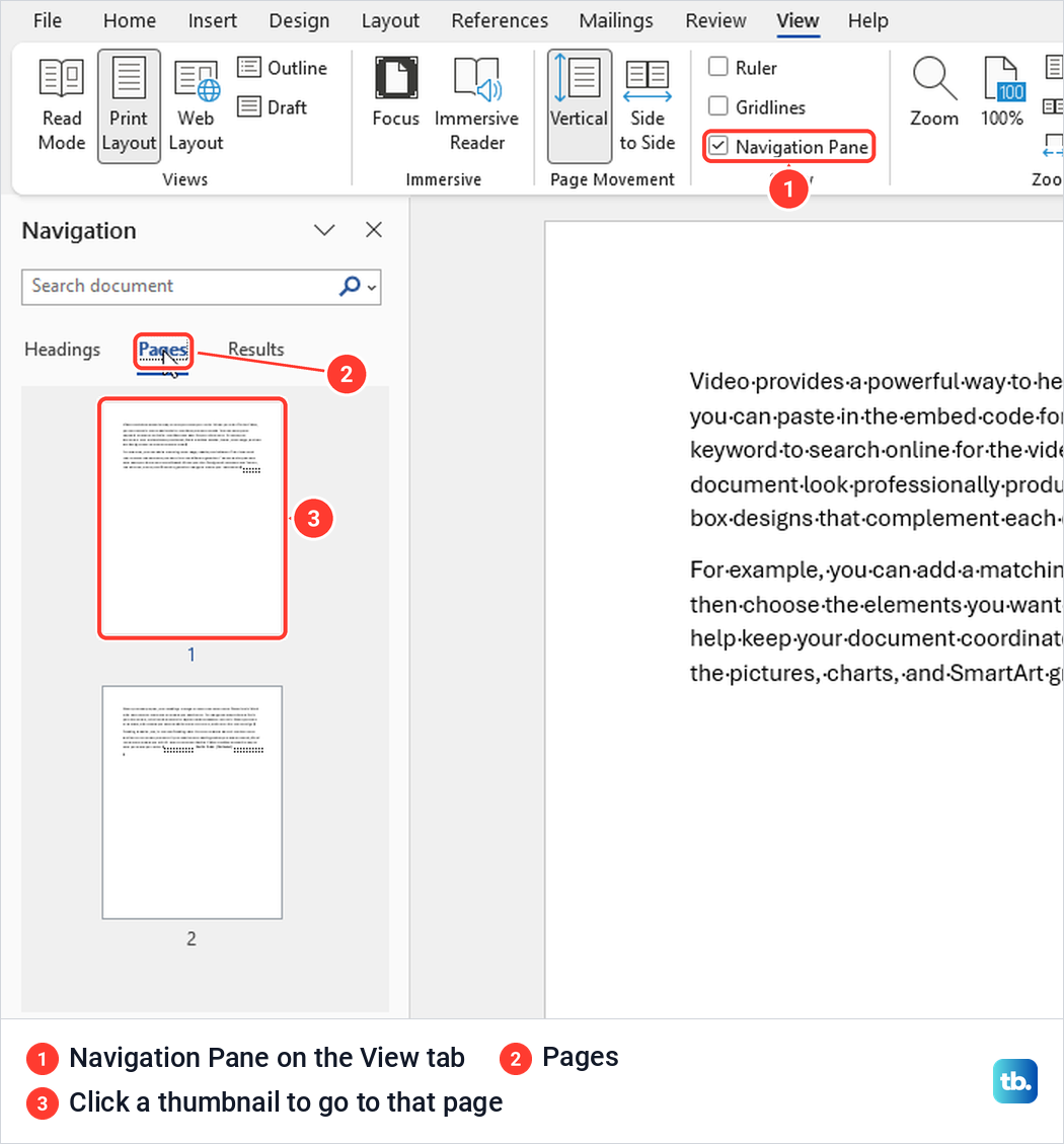 Word's Navigation pane on the Pages tab showing a thumbnail of each page.