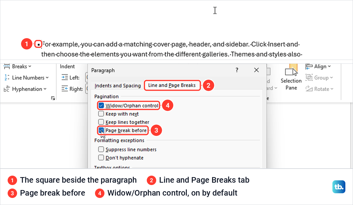 A small black square beside a Word paragraph above the Paragraph dialog with Page break before ticked.