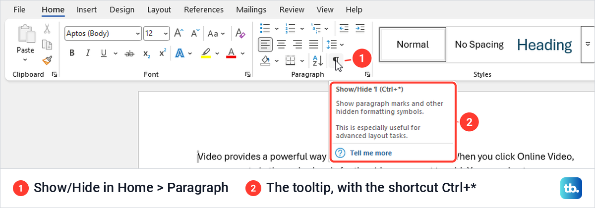 The Home tab in desktop Word with the Show/Hide paragraph mark button and its tooltip.
