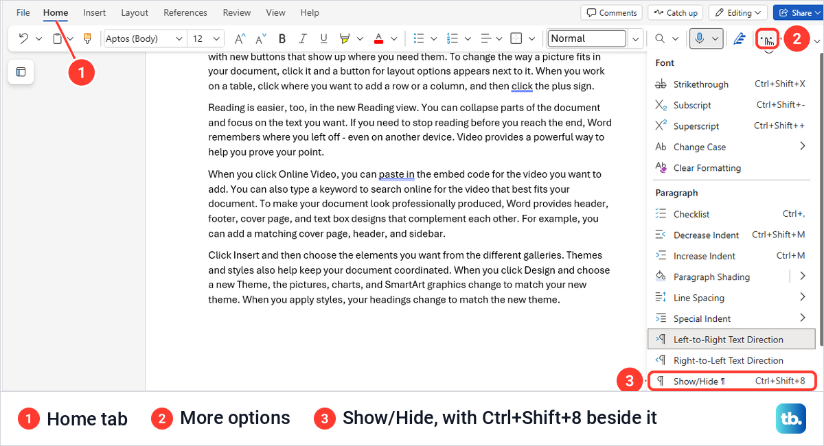 Word for the web with the More options menu open and Show/Hide listed under Paragraph.