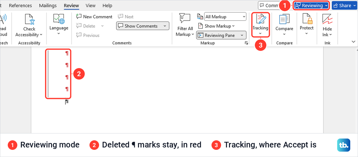 Word in Reviewing mode with deleted empty paragraph marks shown in red beside a change bar.