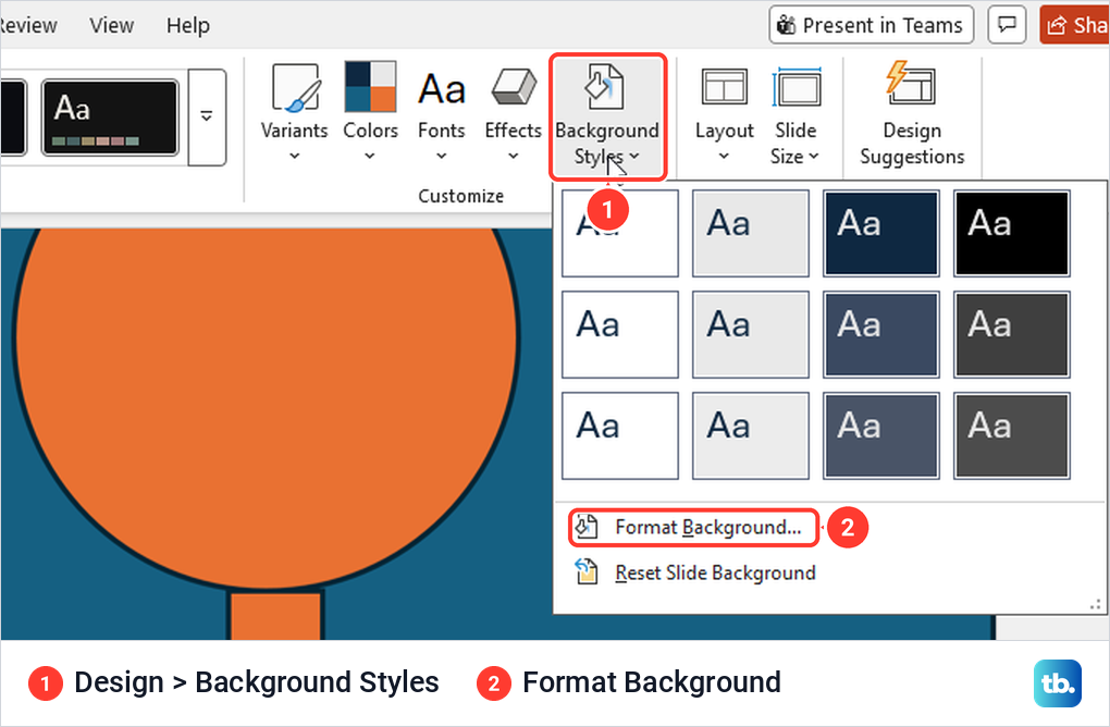 PowerPoint Design tab Background Styles menu with Format Background at the bottom of the list