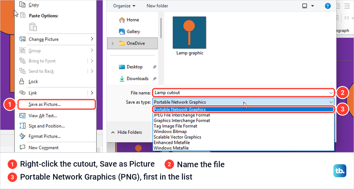 PowerPoint right-click menu with Save as Picture and the Save As Picture dialog listing file types