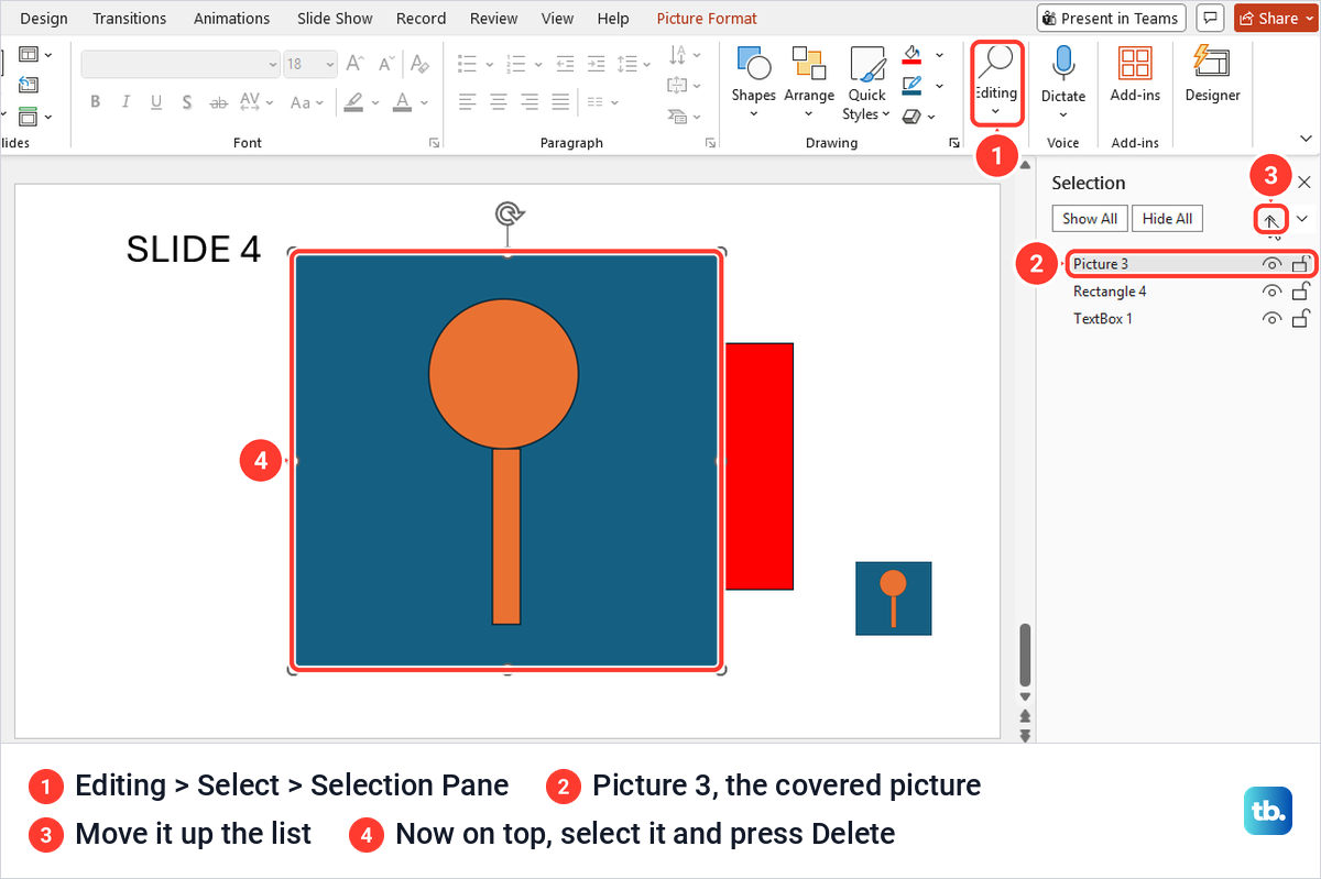 PowerPoint Selection Pane listing Picture 3 above Rectangle 4 with the covered picture now selected