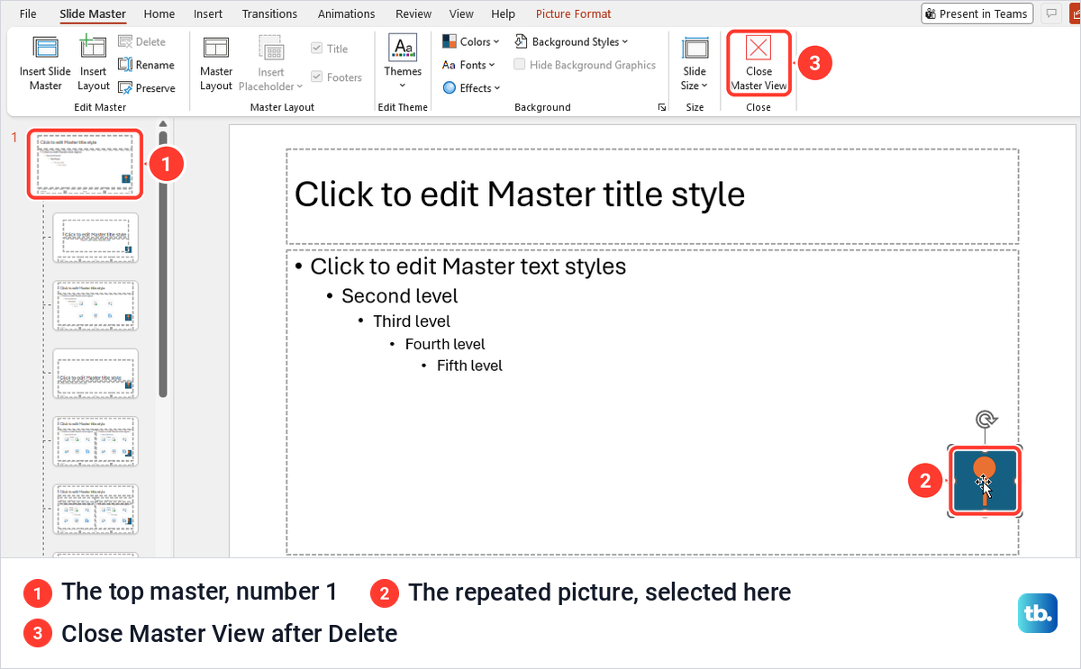 PowerPoint Slide Master view with the top master selected and the repeated small picture selected