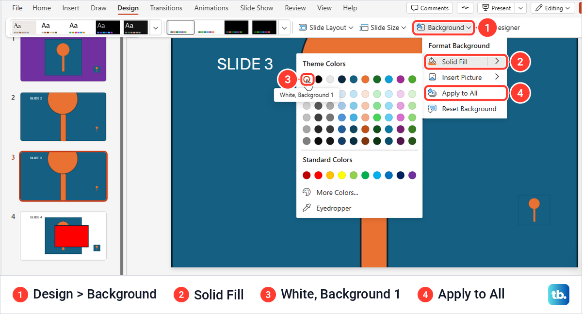 PowerPoint for the web Design tab Background menu with Solid Fill colors and the White Background 1 tooltip