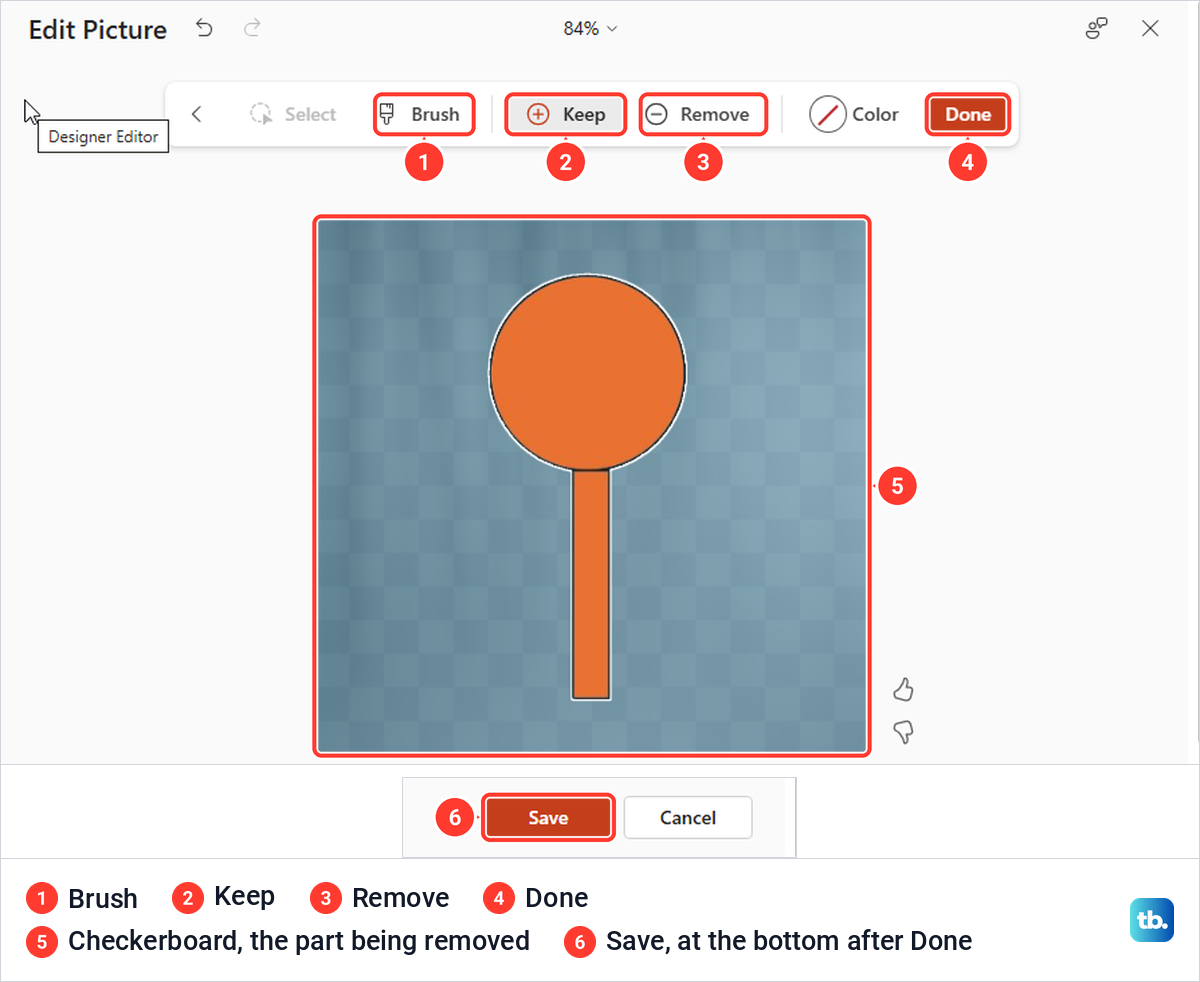PowerPoint for the web Edit Picture window showing the removed area as a checkerboard and the Save button