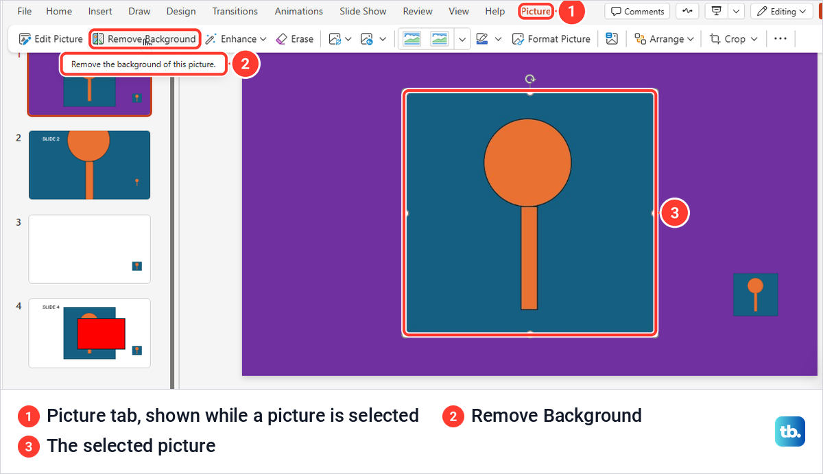 PowerPoint for the web Picture tab with the Remove Background button and its tooltip over a selected picture