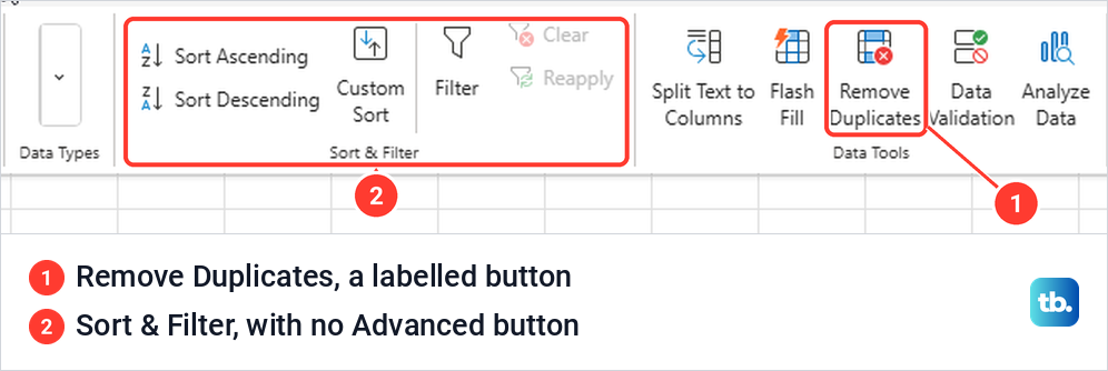 Excel for the web Data tab with a labelled Remove Duplicates button and a Sort and Filter group without Advanced.
