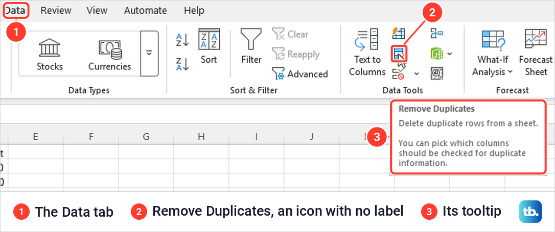 Excel Data tab with the unlabelled Remove Duplicates icon and its tooltip Delete duplicate rows from a sheet.