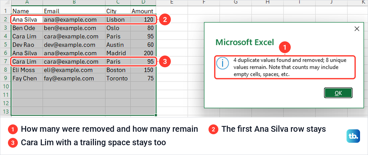 Excel message saying 4 duplicate values found and removed and 8 unique values remain, beside the shortened list.