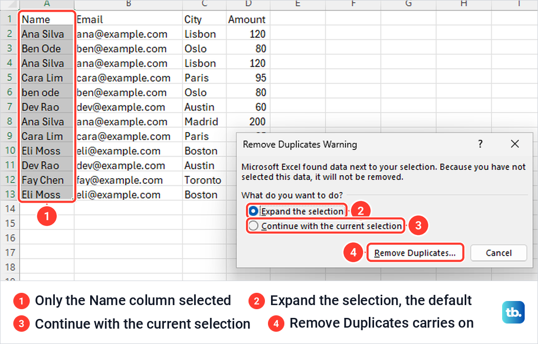 Remove Duplicates Warning in Excel offering Expand the selection or Continue with the current selection.