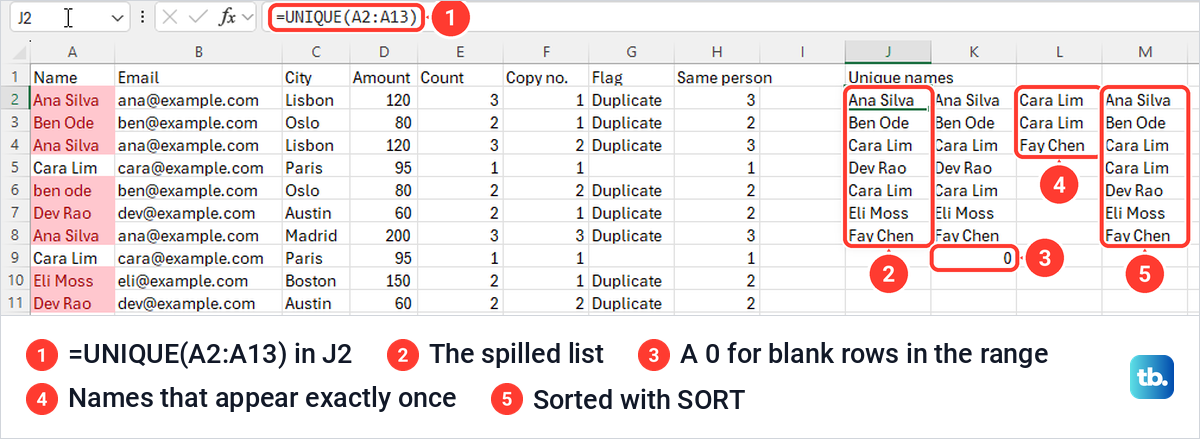 Excel UNIQUE formula results spilled beside a contact list, with exactly once and sorted versions next to it.