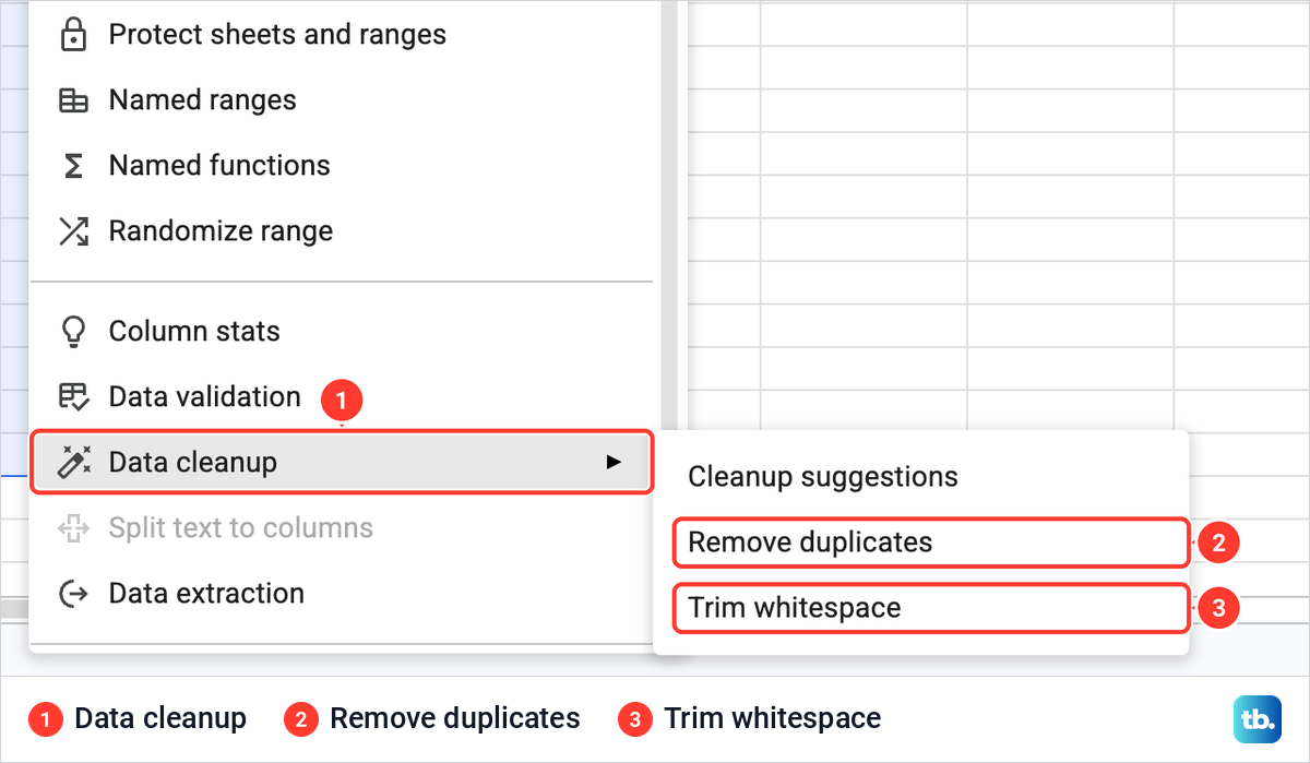 Google Sheets Data menu with Data cleanup open showing Remove duplicates and Trim whitespace.