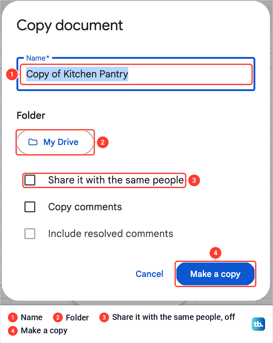 Google Sheets Copy document box with the name Copy of Kitchen Pantry and Make a copy button.