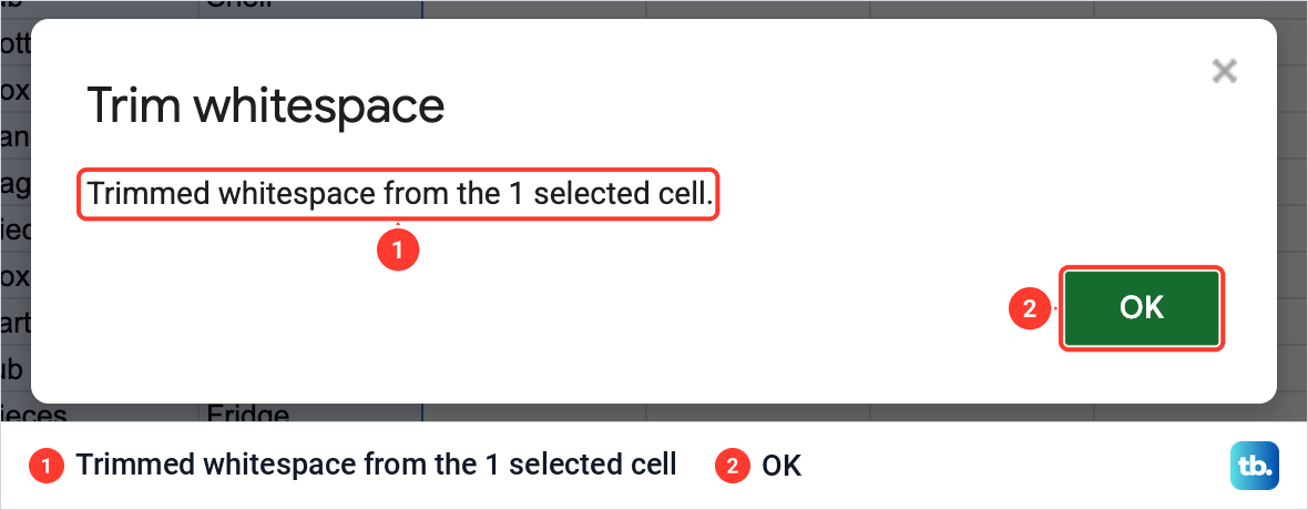 Google Sheets Trim whitespace message saying whitespace was trimmed from one cell.
