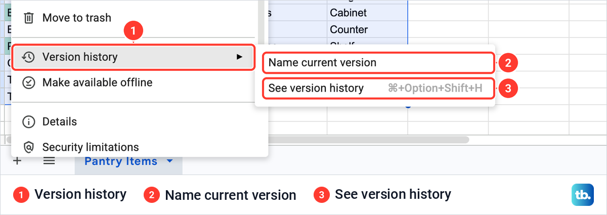 Google Sheets File menu with Version history open showing See version history.