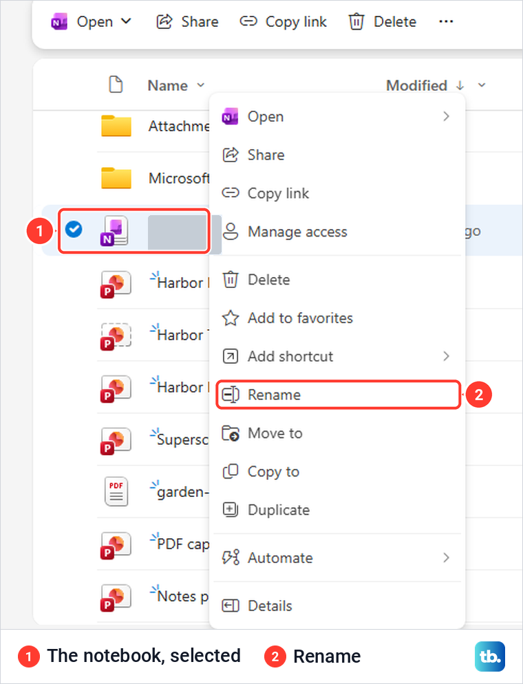 OneDrive on the web right-click menu on a OneNote notebook with Rename in the list.