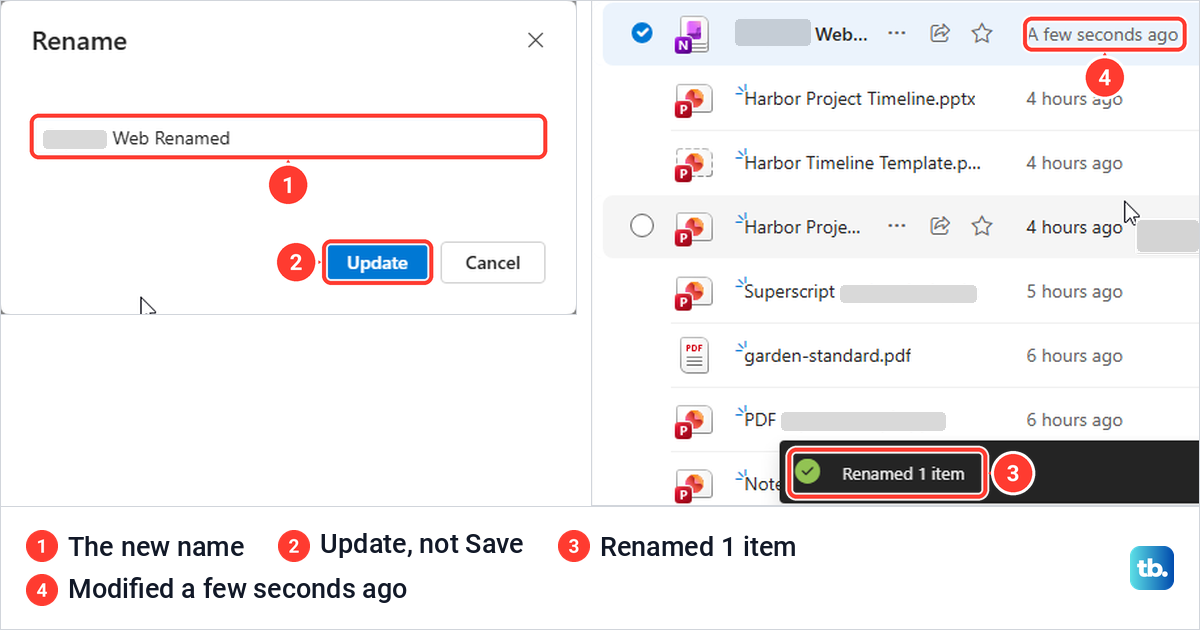 OneDrive Rename box with a new notebook name and the Update button, then the Renamed 1 item message.