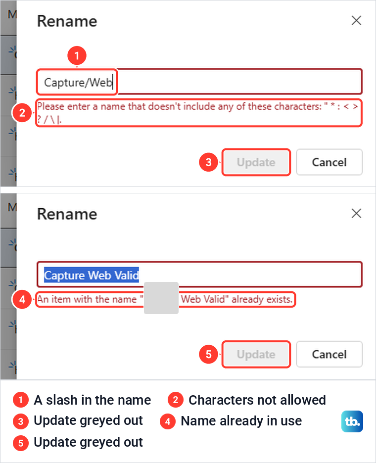 OneDrive Rename box refusing a slash in the name and a name already used in the folder.