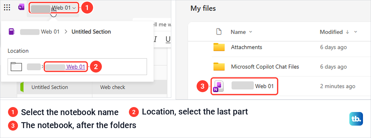 OneNote for the web Location panel and the OneDrive folder that holds the notebook.