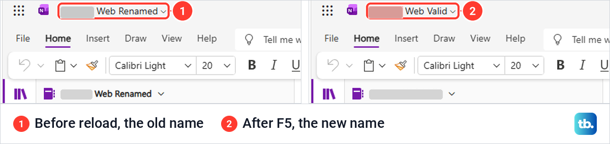 The same OneNote for the web tab showing the old notebook name and then the new one after reload.