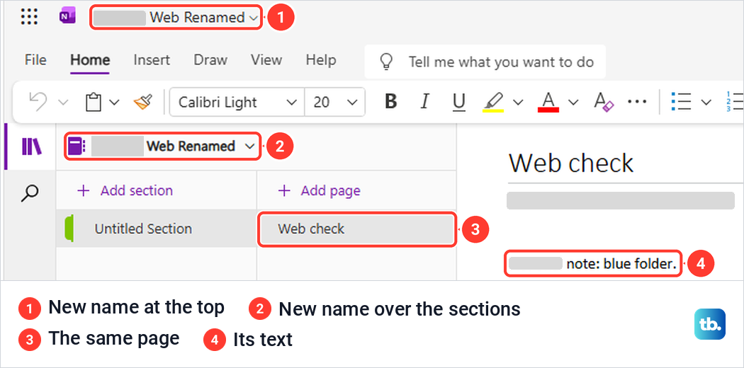 Renamed OneNote notebook reopened in OneNote for the web with its page and text intact.
