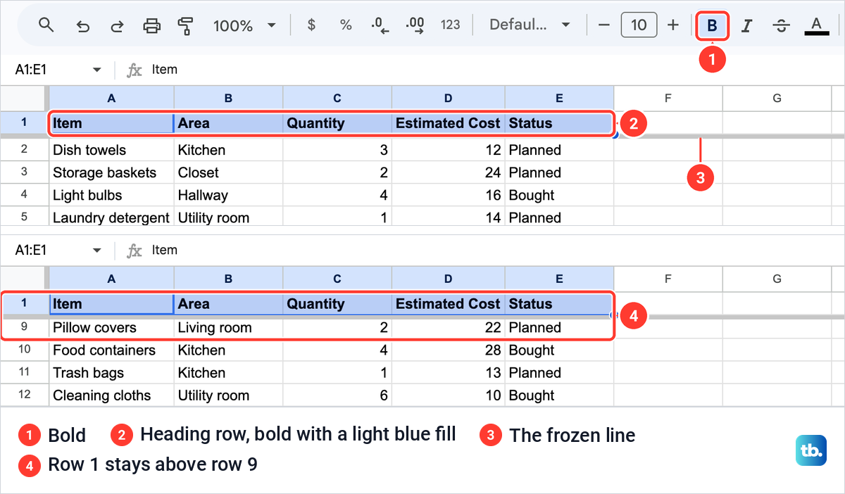A bold heading row with a light blue fill and a frozen line under it in Google Sheets, then the sheet scrolled with row 1 above row 9.