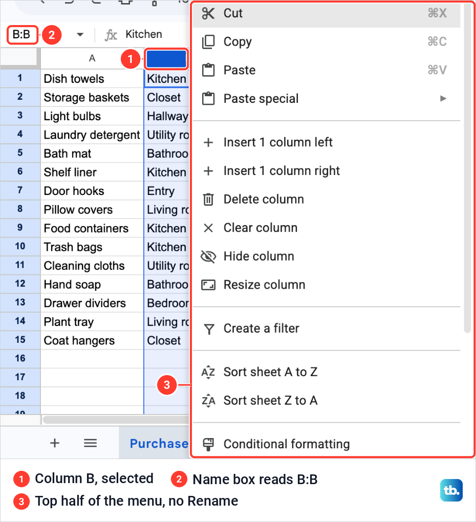 The top half of the right-click menu on the column letter B in Google Sheets, with insert, delete, hide and sort entries and no Rename among them.