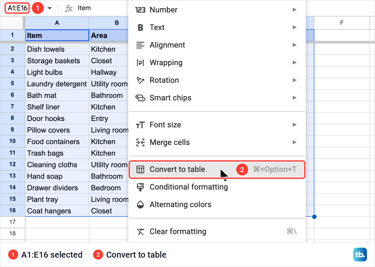 The Google Sheets Format menu with Convert to table and its Command, Option and T shortcut, with A1 to E16 selected.