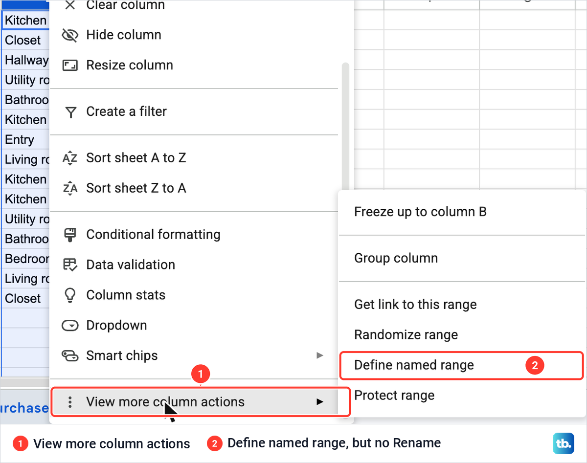 The View more column actions submenu in Google Sheets listing Freeze up to column B, Define named range and Protect range, with no Rename.