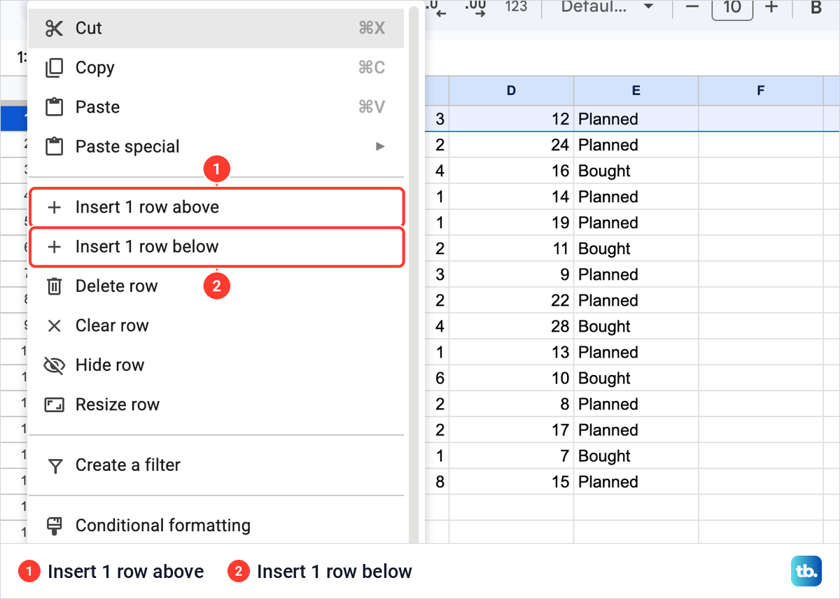 The right-click menu on the row number 1 in Google Sheets with Insert 1 row above and Insert 1 row below.