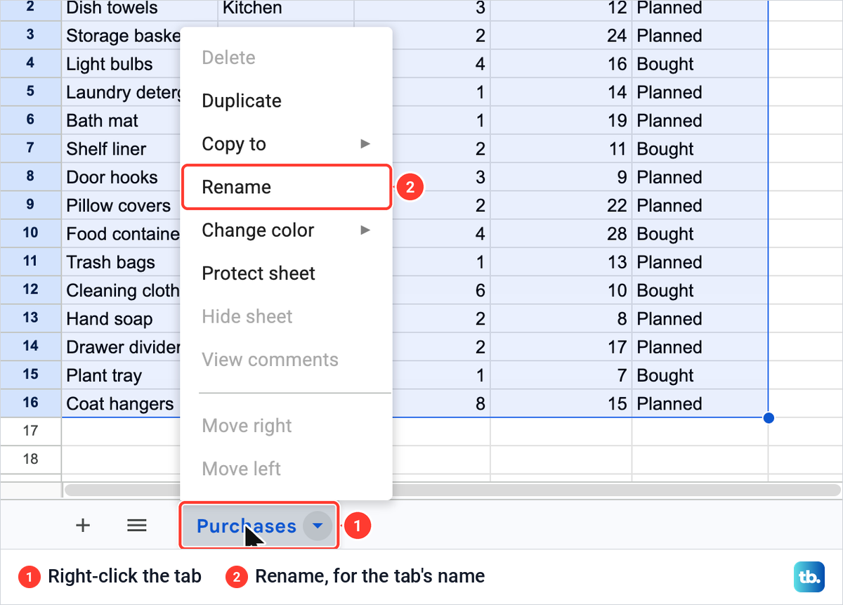 The right-click menu on the Purchases sheet tab in Google Sheets with Rename, which renames the tab.