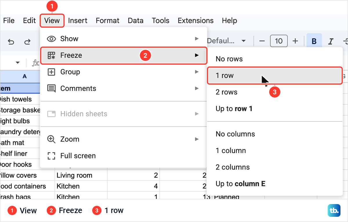 The Google Sheets View menu open at Freeze with the 1 row option highlighted.