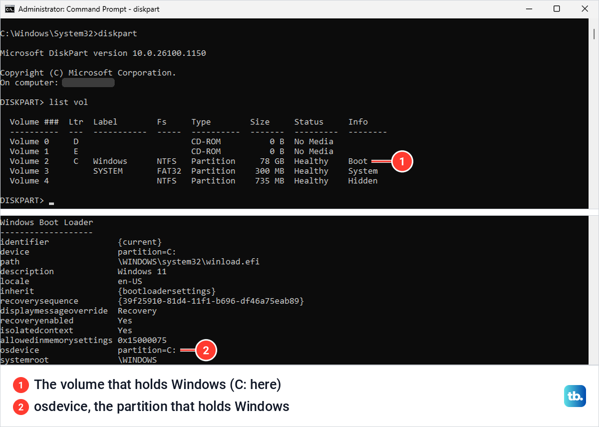 DiskPart list vol output with the Windows volume, above the Windows Boot Loader section of bcdedit with its osdevice line.