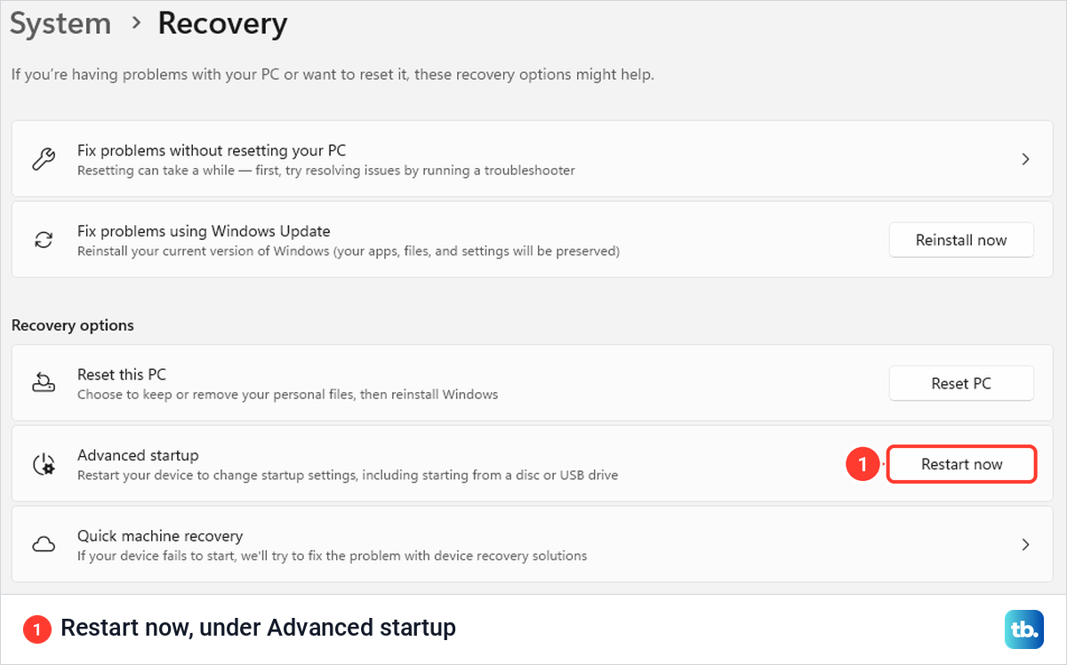 Windows 11 Settings, System, Recovery page with the Restart now button under Advanced startup.