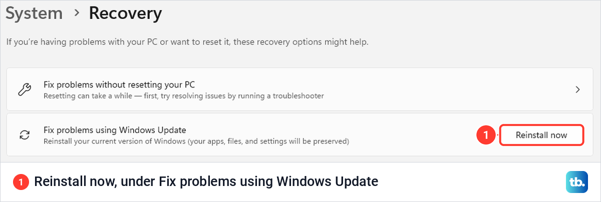Windows 11 Settings, System, Recovery page with the Reinstall now button under Fix problems using Windows Update.