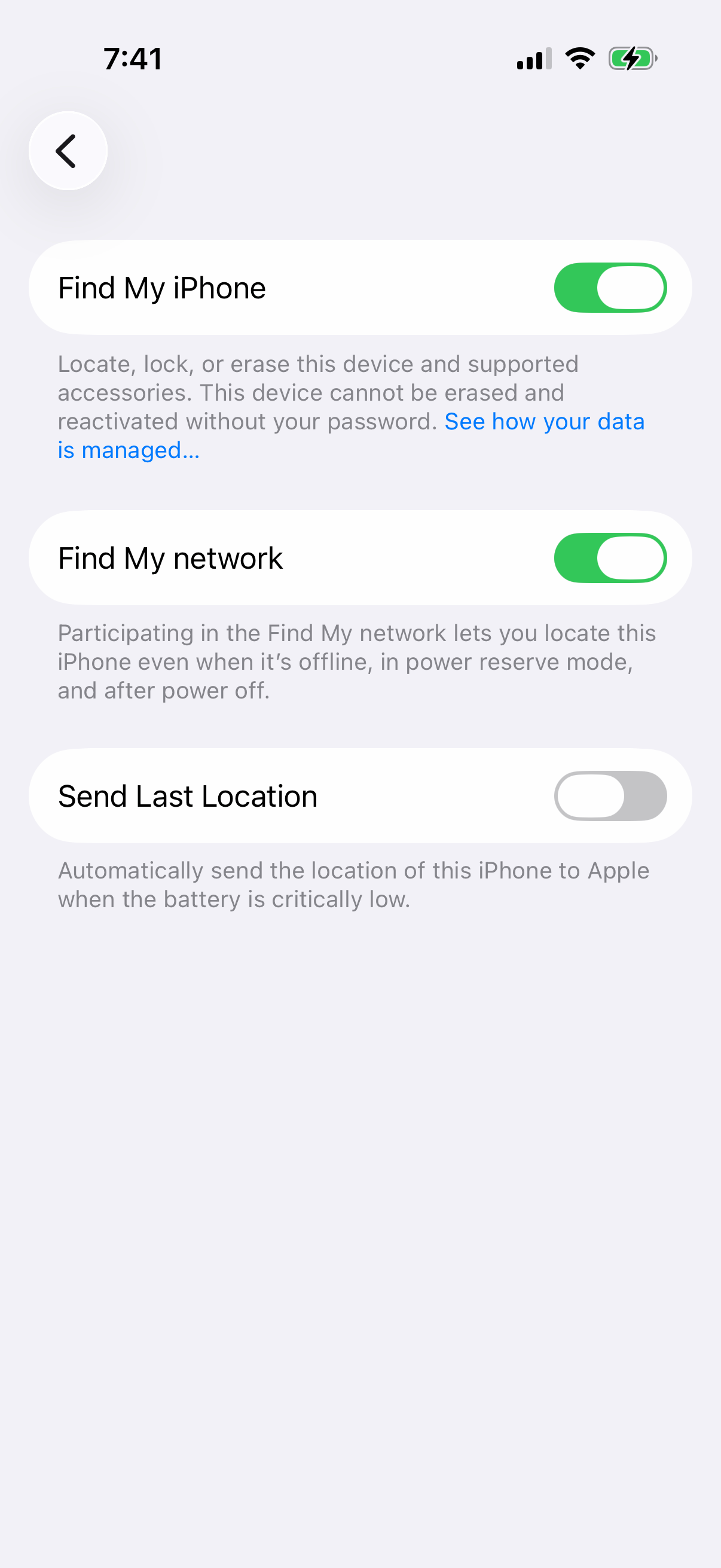 iPhone Find My iPhone settings with Find My iPhone, Find My network and Send Last Location