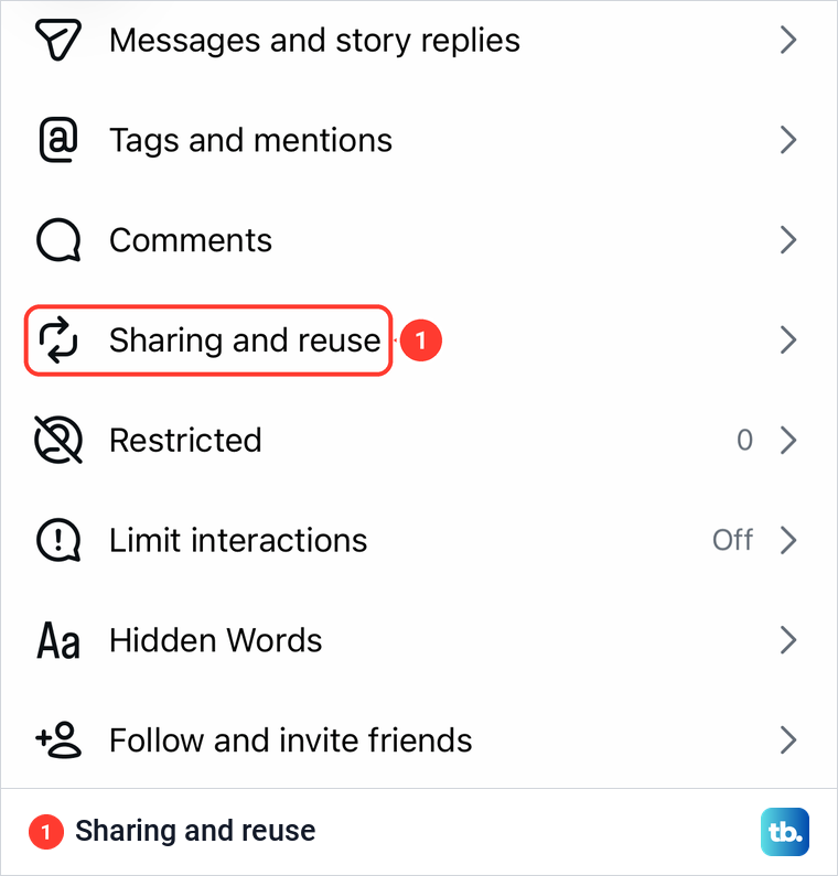 Instagram Settings and activity list with the Sharing and reuse row highlighted.