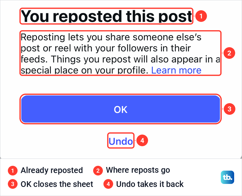 Instagram sheet reading You reposted this post with OK and Undo buttons.