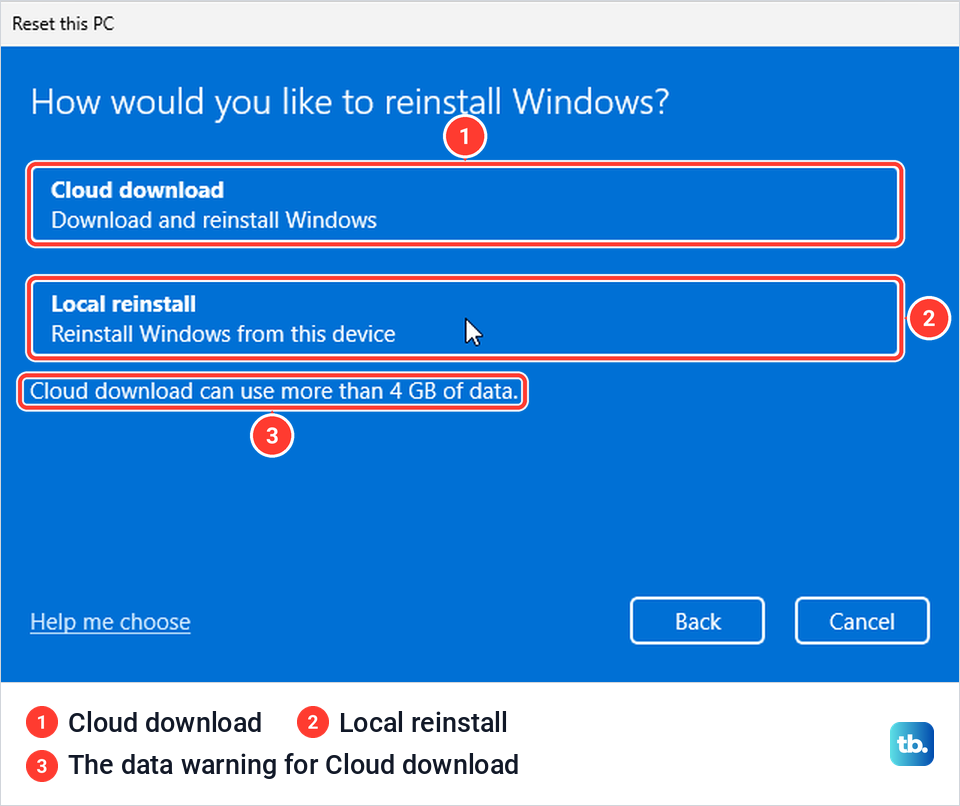 Reset this PC asking how you would like to reinstall Windows, with Cloud download and Local reinstall.