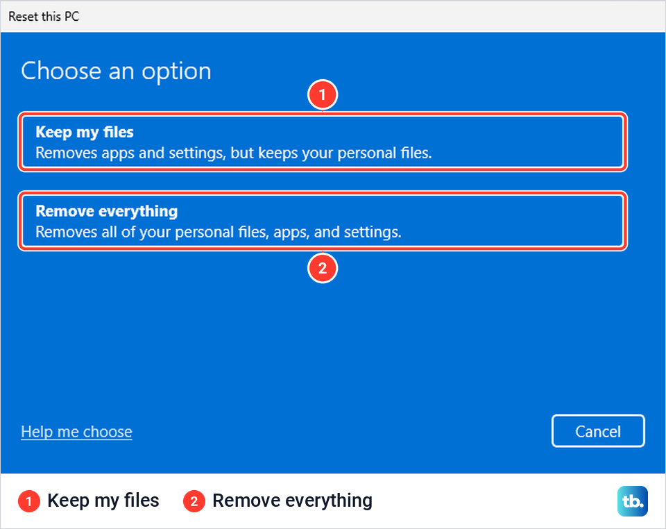 Reset this PC dialog asking you to choose between Keep my files and Remove everything.