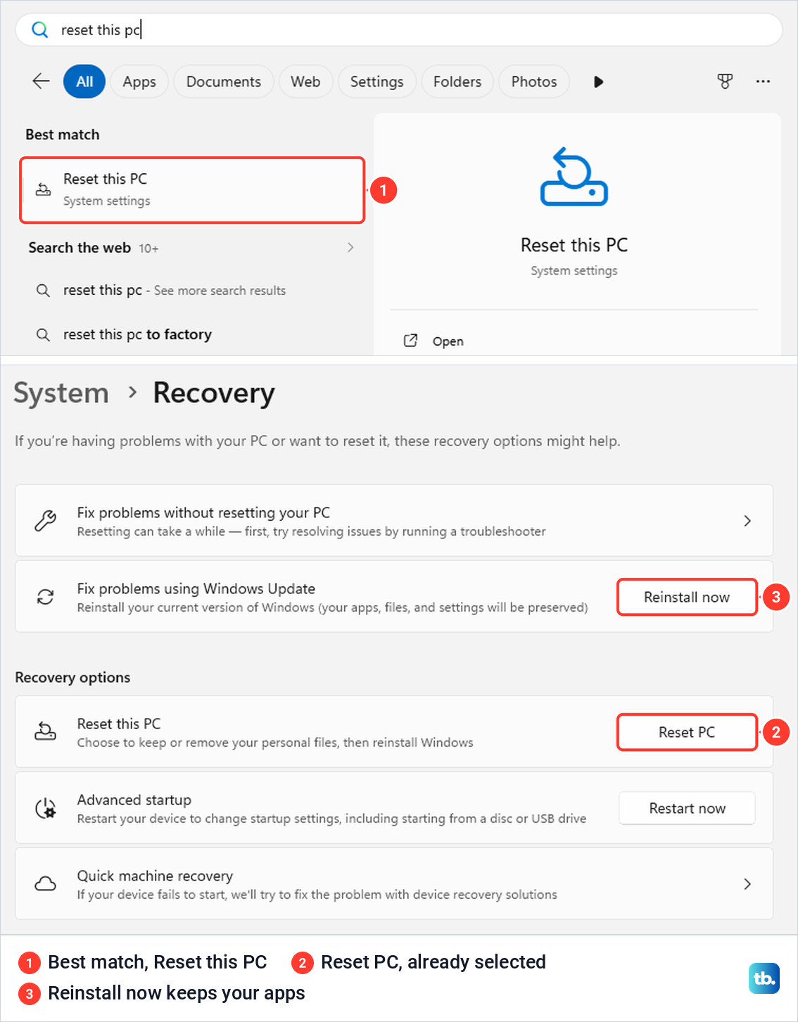 Windows 11 Start search for reset this PC above the Settings Recovery page with the Reset PC button selected.