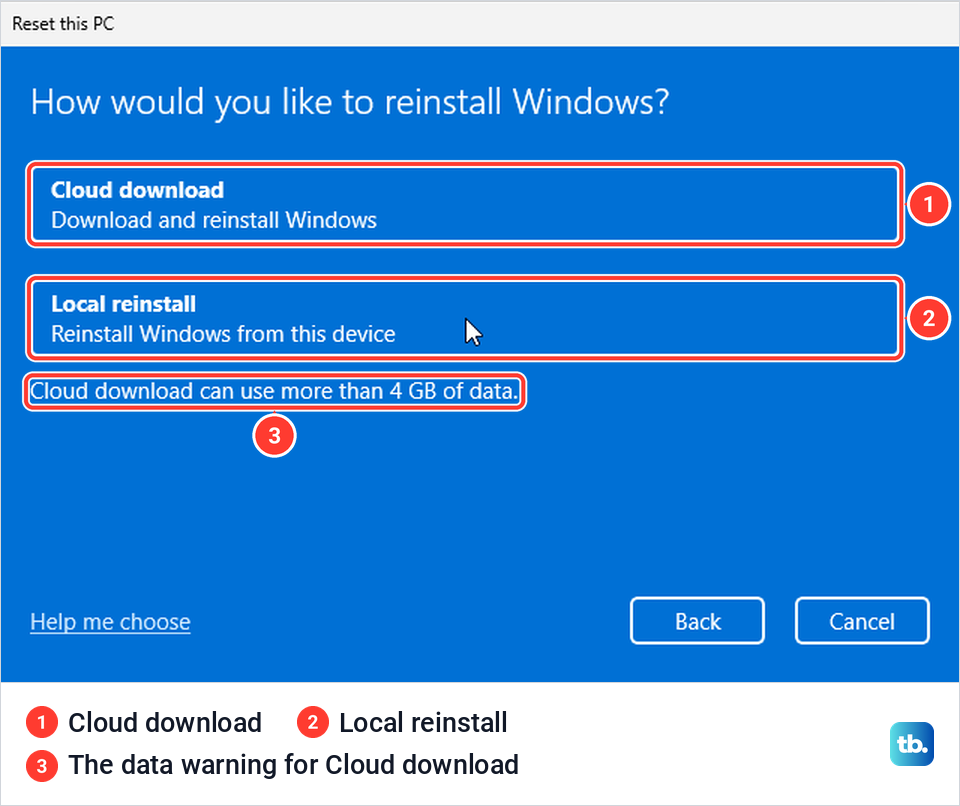Reset this PC asking How would you like to reinstall Windows, with Cloud download and Local reinstall.