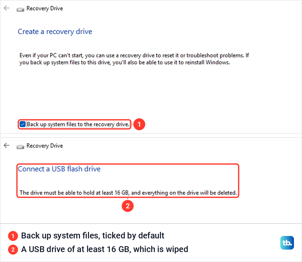 Recovery Drive tool first page with Back up system files ticked, then its request to connect a USB flash drive of 16 GB.