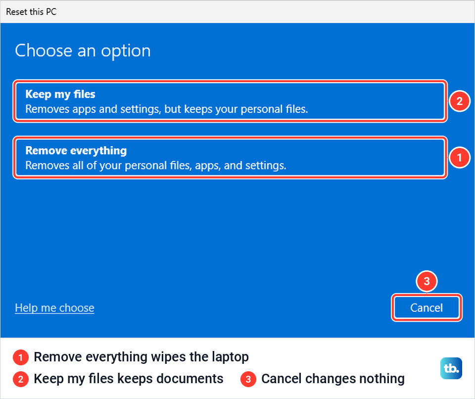 The Reset this PC window asking you to choose between Keep my files and Remove everything.