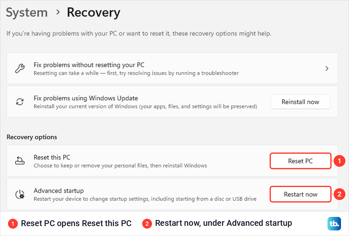 Windows 11 Settings on System, Recovery with the Reset PC button next to Reset this PC and Restart now under Advanced startup.