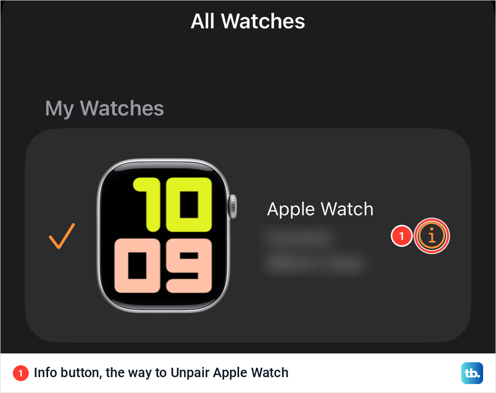 Apple Watch app All Watches sheet with the orange info button next to the paired watch.