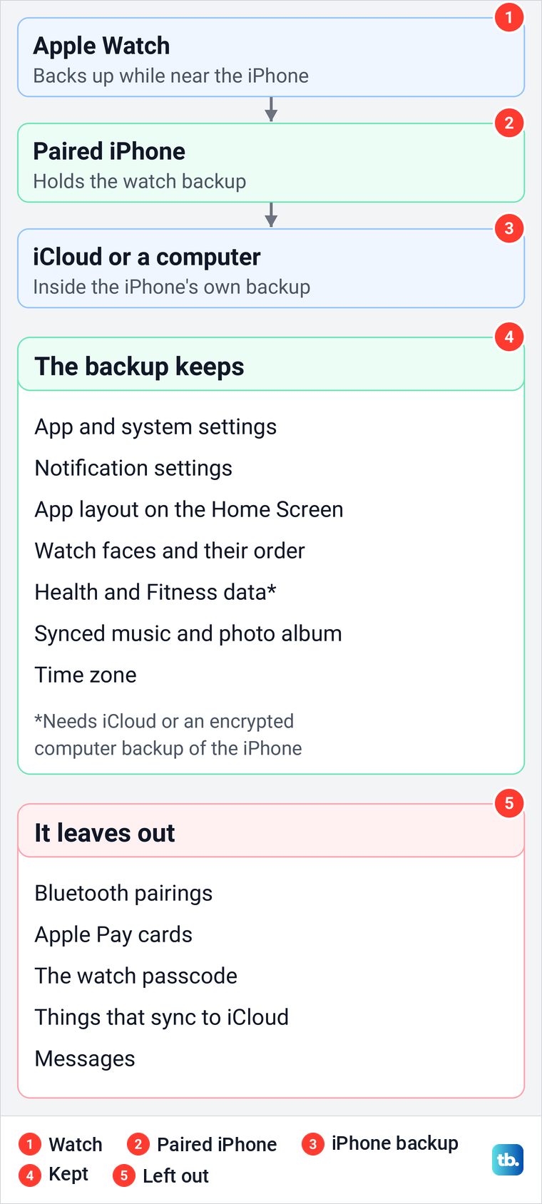 Diagram of where an Apple Watch backup is stored and what Apple says it keeps and leaves out.