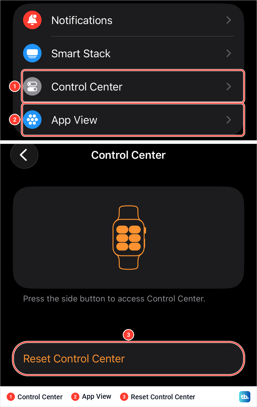 Apple Watch app My Watch rows for Control Center and App View, and the Reset Control Center button.